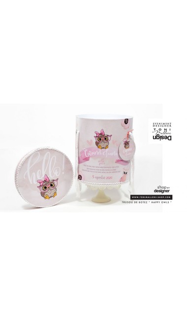 Trusou de botez brodat cu bufnite si anemone pentru fete, Bufnita Petrecareata 24